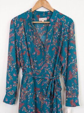 Nanette Lepore Teal Floral Long Sleeve Belted Midi Dress 18 NWT